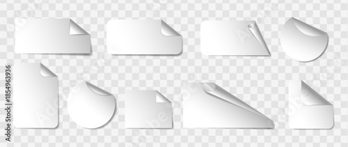 Blank white torn and folded paper label shapes set with realistic curl effect isolated on transparent background