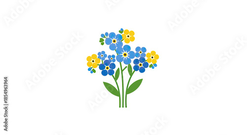 Forget-Me-Not Flowers Bouquet, Blue and Yellow, Vector Illustration, White Background