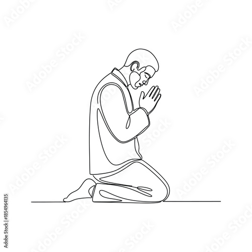 Man kneeling in prayer with hands clasped in a line drawing