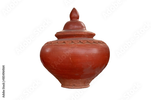 Traditional Thai clay pots with lids, handmade terracotta pottery isolated on white background.