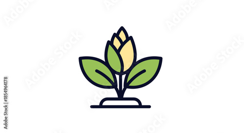 Stylized Corn Plant Icon - Growing Seedling with Green Leaves and Yellow Bud