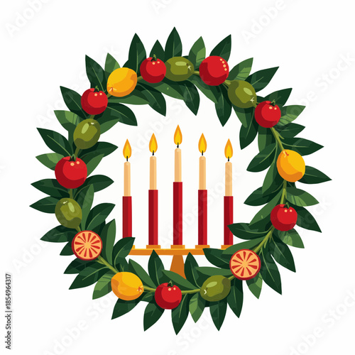 Festive wreath surrounded by candlelight and fruits for Kwanzaa celebration  
