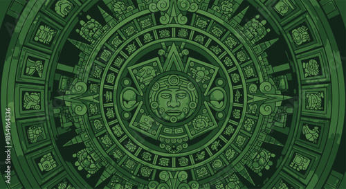 Aztec Sun Stone Calendar Green Textured Background - Ancient Mesoamerican Symbol
