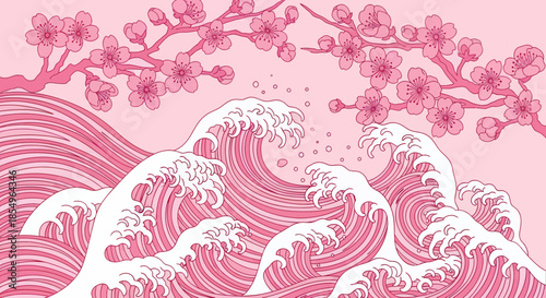 Pink Cherry Blossoms Above Stylized Ocean Waves in Japanese Art Style