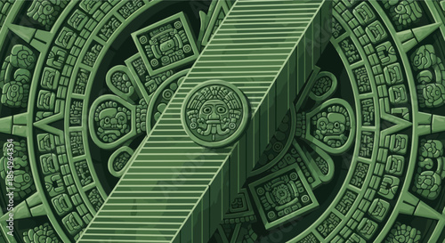 Green Aztec Calendar Stone with Diagonal Staircase
