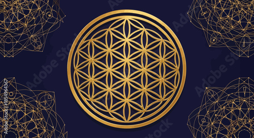 Golden Flower of Life Sacred Geometry Symbol on Dark Blue Background