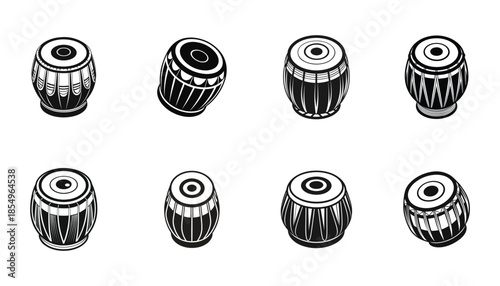A black and white illustration of eight cylindrical objects with circular tops and ridged bodies in two rows on a plain background