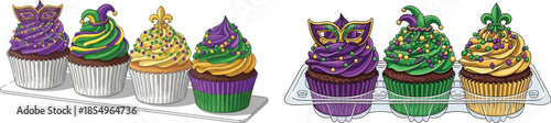 Mardi Gras Cupcake Set with Masquerade Mask and Jester Hat