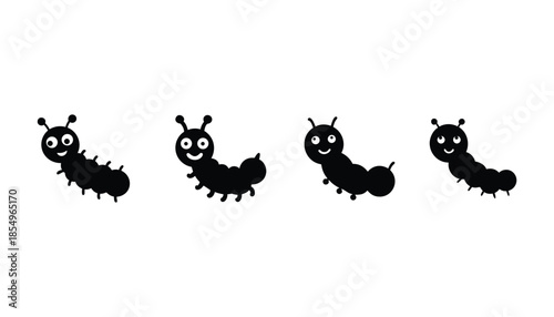Four cute black caterpillar cartoon characters with eyes and antennae in a row on white background