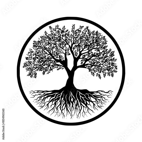 Black and white tree of life illustration in a circle with detailed branches and roots design is shown
