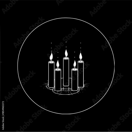 Elegant monochrome illustration of five candles with flickering flames in a circular frame design