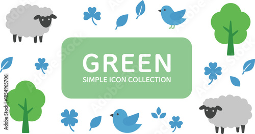 Green simple icon collection, nature themed flat icons with trees birds leaves sheep, eco friendly design elements set