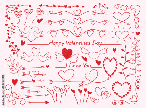 Hand Drawn Valentine's Day Heart Elements and Love Doodles Set Description: A large collection of red hand-drawn hearts, romantic arrows, love birds, and decorative floral flourishes. Perfect for Vale