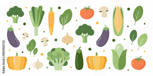 A colorful assortment of fresh vegetables arranged against a white background