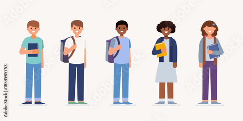 Diverse group of students standing in a row carrying school supplies