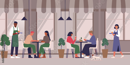 A cozy cafe scene with people enjoying drinks and conversation indoors