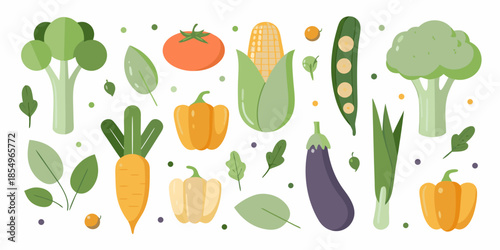 A colorful assortment of fresh vegetables and fruits in a flat design style