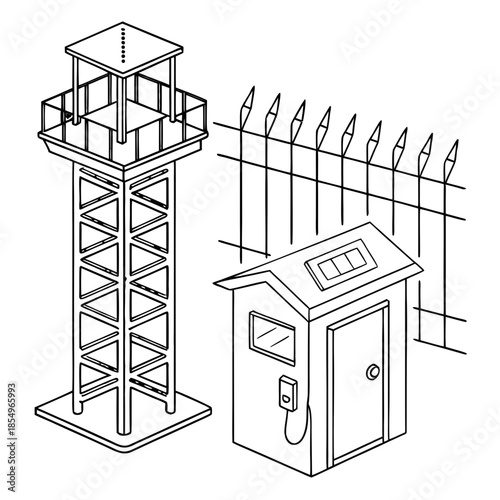 Border Security Watchtower and Checkpoint Guard House Line Art Illustration