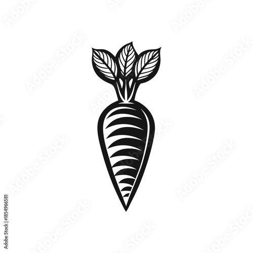 Black and white illustration of a striped root vegetable with leafy greens