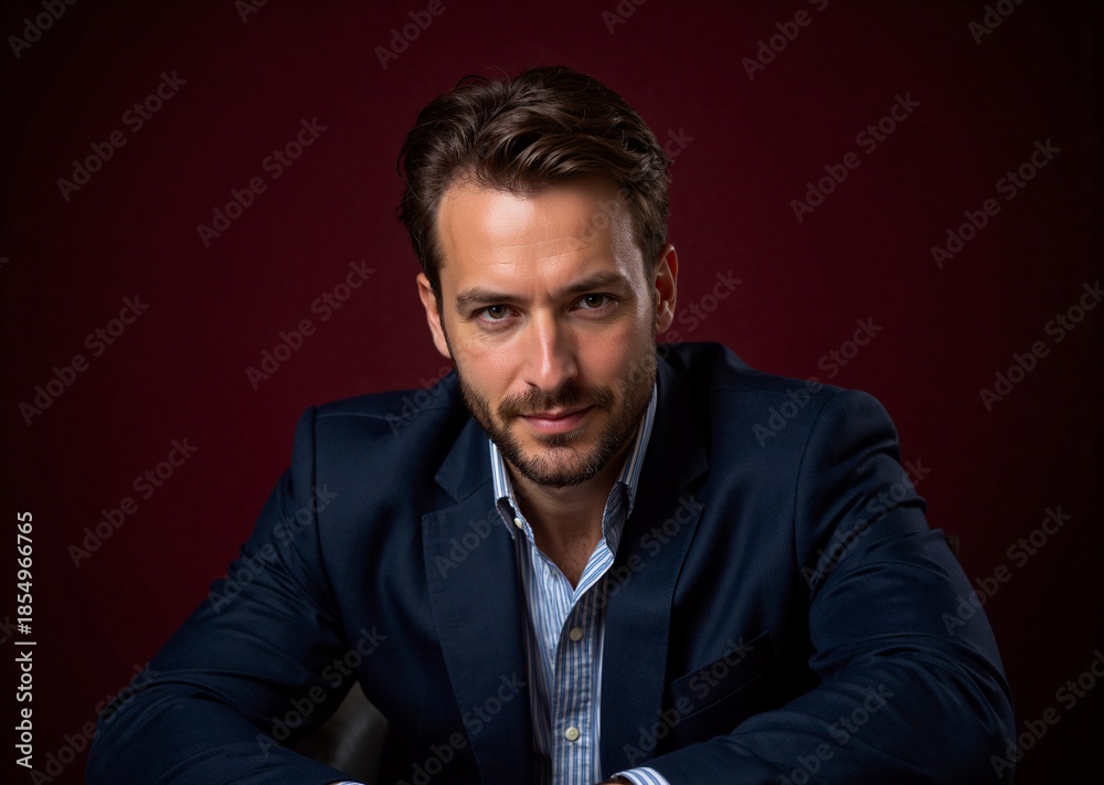 Fototapeta premium Man in dark suit with striped shirt, serious expression, against deep red background.