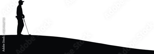 Accessibility silhouette, person with cane, mobility support, disability concept, black white vector, independence posture illustration art