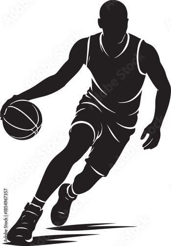 Basketball Player Silhouette Dribbling Ball Action Vector