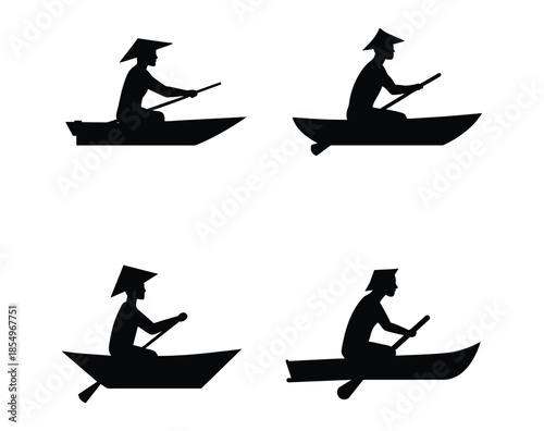 Four silhouette images of a person in a boat rowing with different strokes