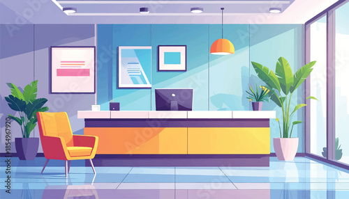 Vector Icons for Office Reception - Modern Reception Desk with Computer and Guest Seating, Professional Workplace Design EPS