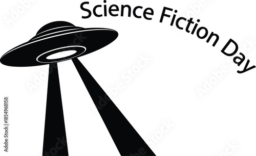 Black and white graphic design celebrating science fiction day with a classic flying saucer icon