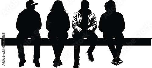 bench, silhouette, seated, people, posture, hoodie, jacket, black, white, icon, illustration, vector, design, symbol, casual, group, style, moment, presence, symmetry