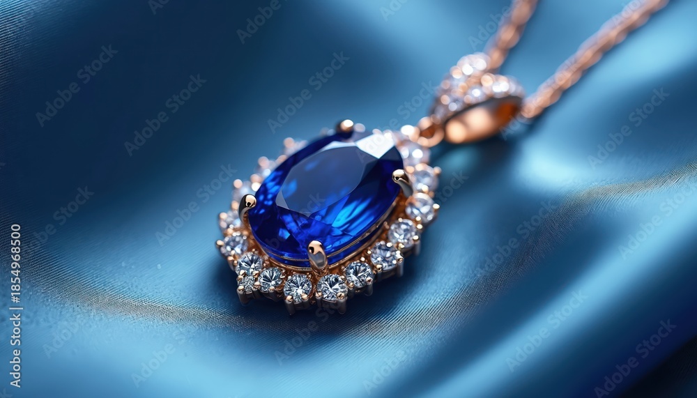 custom made wallpaper toronto digitalOval cut blue sapphire gemstone pendant necklace with diamonds set in gold on silk fabric. Elegant luxury jewelry for women fashion accessory.
