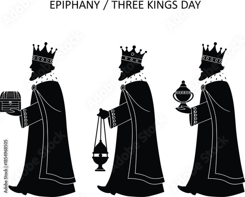 Silhouette depiction of the three wise men carrying their traditional gifts on Epiphany Day