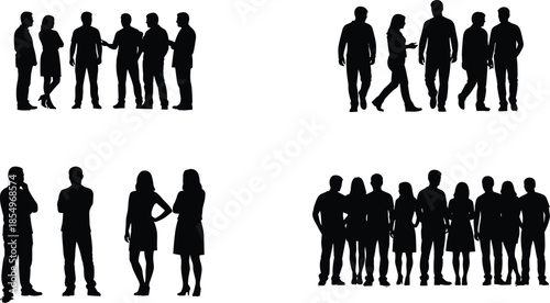 Business people silhouettes set, group discussion walking standing teamwork collaboration concept illustration isolated white background professional corporate communication