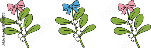 Festive mistletoe illustration set with green leaves, white berries, and decorative bows, perfect for Christmas designs, holiday décor, greeting cards, and crafts