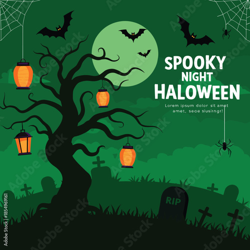 Halloween graveyard scene, spooky tree, full moon, bats, lanterns, cobwebs, tombstones, dark background, eerie atmosphere, ghostly elements, festive illustration, scary design