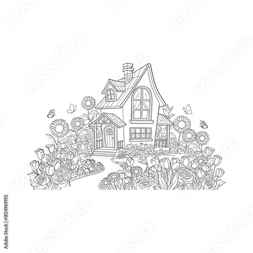 Quaint cottage surrounded by wildflowers Vector, illustration