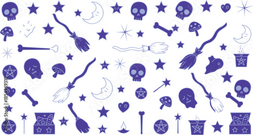 Halloween mystical pattern, broomsticks, skulls, stars, crescent moons, cauldrons, ghosts, magical icons, dark blue design, spooky background, witchcraft symbols, festive texture