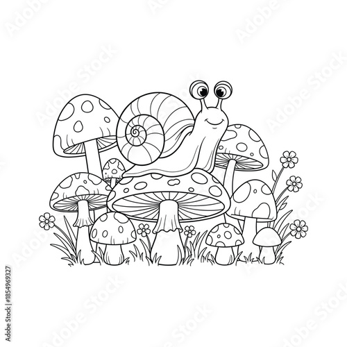 Playful snail among mushrooms Vector, illustration