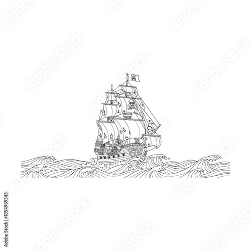 Sailing ship navigating waves Vector, illustration