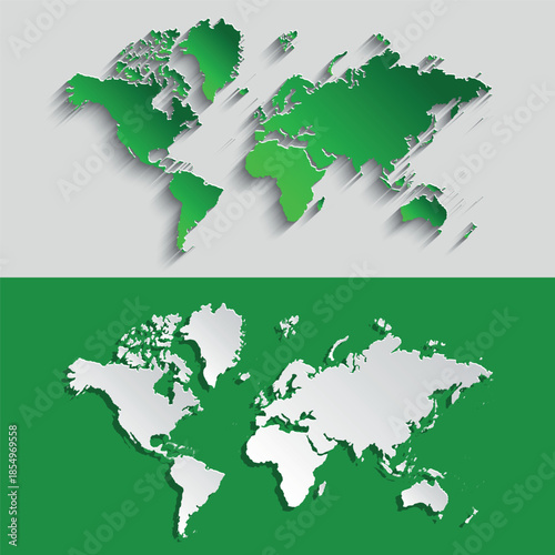 A world map cut out of green paper. A set of political world maps on a gray