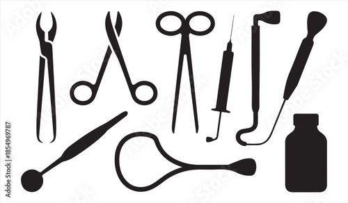 Dental and medical instrument silhouettes including syringe scissors and forceps vector set