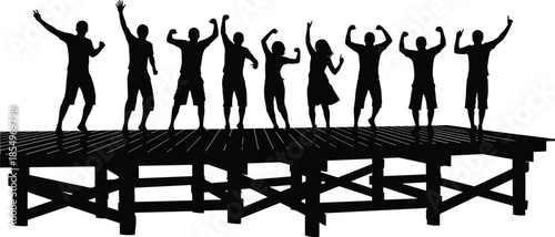 Cheering crowd silhouettes on stage platform, happy people celebrating success party concert event illustration isolated white background