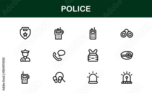 Police line icon set – Professional minimal law enforcement symbols in crisp vector outline style for versatile use