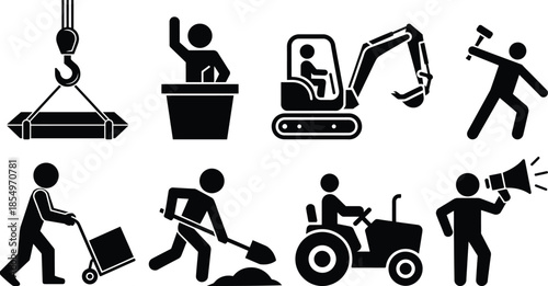 Black and white pictograms representing various construction, industrial, and labor activities