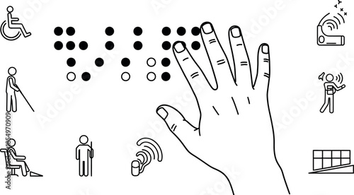 Comprehensive collection of modern accessibility and diverse disability icons featuring a hand reading braille and various assistive devices for inclusion and support