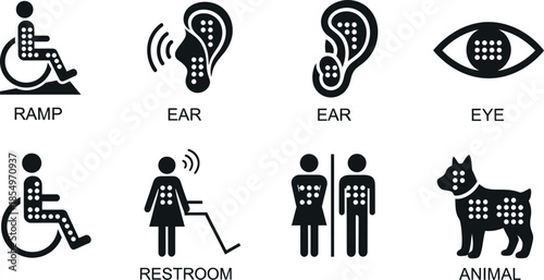 Comprehensive collection of modern accessibility and disability vector icons with braille dots for public information and services