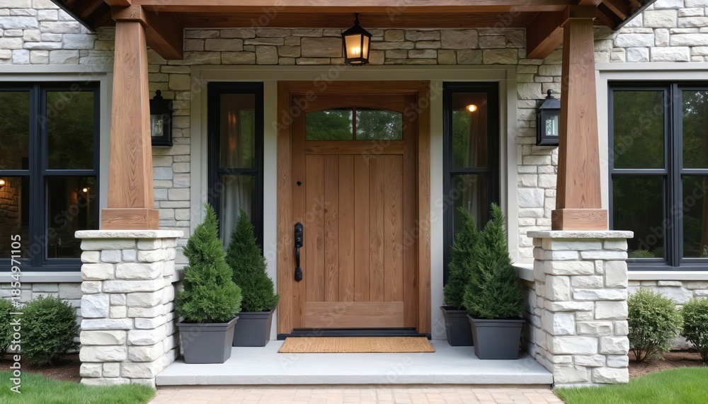 Naklejka premium Warm wooden front door with arched glass panel on stone accent wall house. Symmetrical exterior design with potted evergreen trees flanking entrance. Modern home with natural materials, curb appeal.