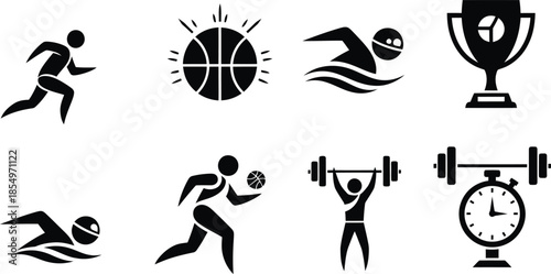 Black Silhouettes of Athletes and Sports Equipment Icons running