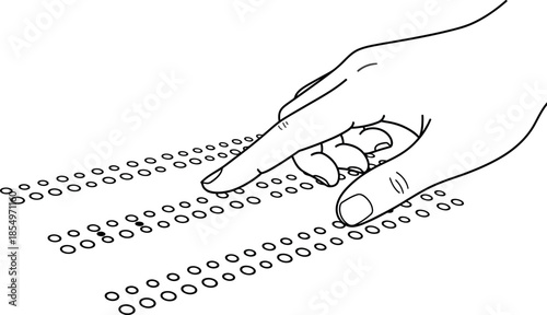 Conceptual line art illustration featuring a human hand gently tracing and reading braille dots on a textured surface representing tactile literacy and accessibility