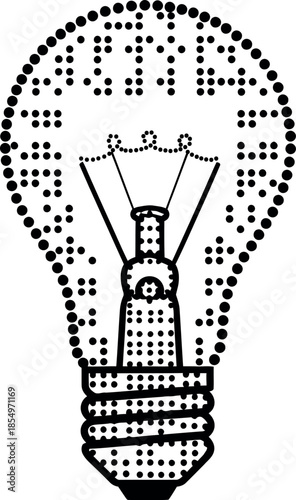 Creative black and white light bulb illustration featuring the word IDEA spelled in tactile braille dots representing brilliant concepts and innovation
